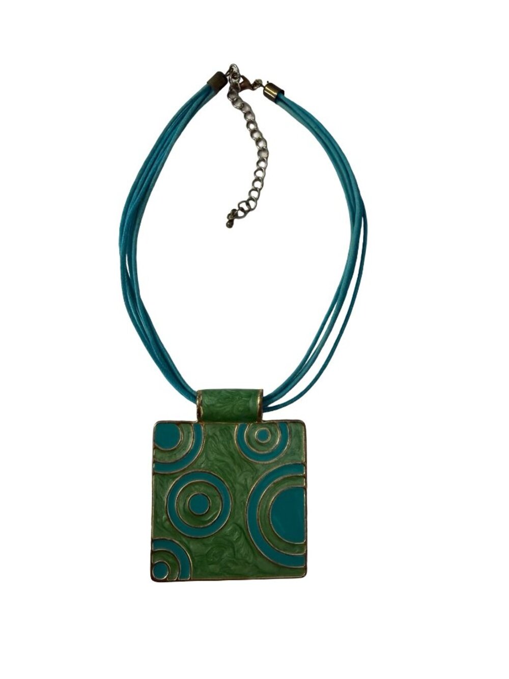 Vintage Statement Pendant Necklace Green Blue Enamel Geometric Cord Necklace